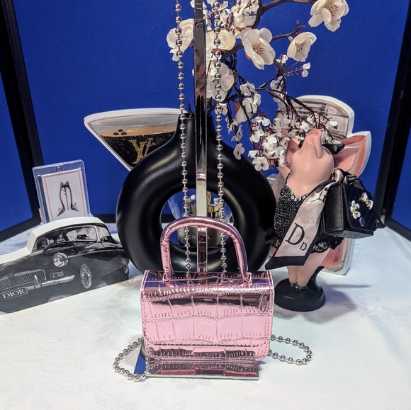 Handbags - Metalic Pink Croc-Embossed Mini Fashion Bag With Silver Bead Crossbody